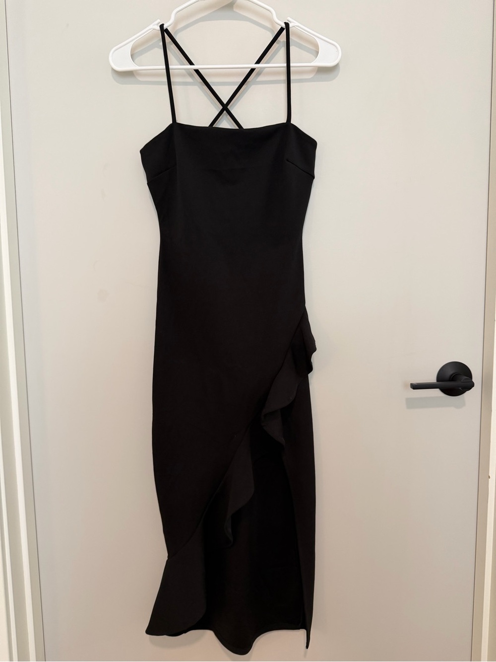 Windsor Black maxi dress with slit ruffle detail and criss-cross straps